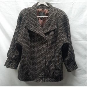 VTG Y2K J Gallery Academia Wool Blend Brown Tan Blk gathered pleated coat 13/14